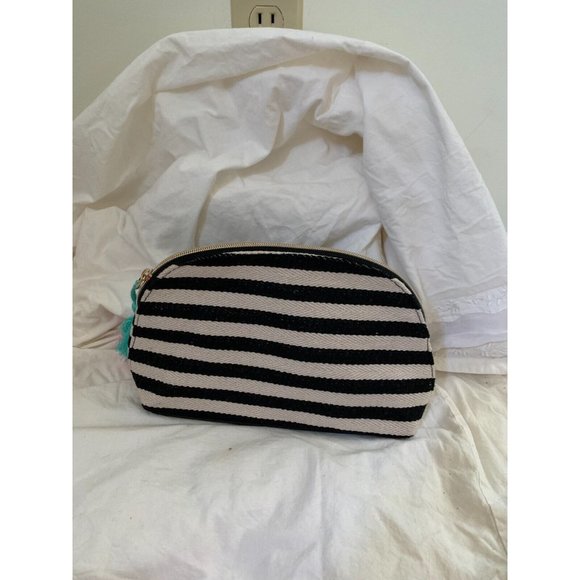 Ecru Cosmetic Essentials Clutch Bag Black Striped Tassels Top Zip Pastel Tassels - Picture 3 of 6